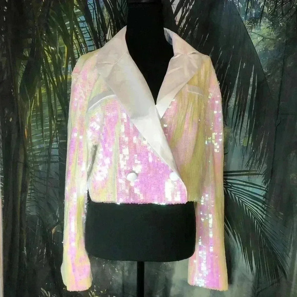 Womens Cropped Sequin White blazer - Picture 14 of 16